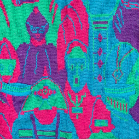 Vintage 80s People Faces Multicolor Kitschy Novelty AOP Sweater - Picture 5 of 16